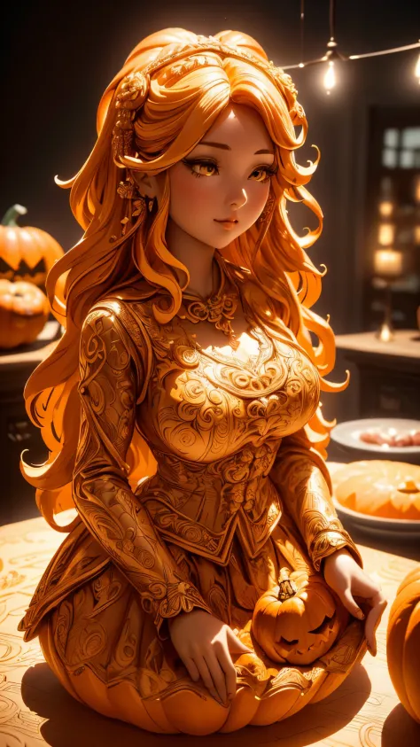 (A cute girl carved from a large pumpkin：1.1），（whole body），Beautiful long-haired girl，retro long skirt，16k，Orange，relief， and honest background：on the plate on the dining table，Fruit carving，food engraving，Three-dimensional engraving，food sculpture design，...