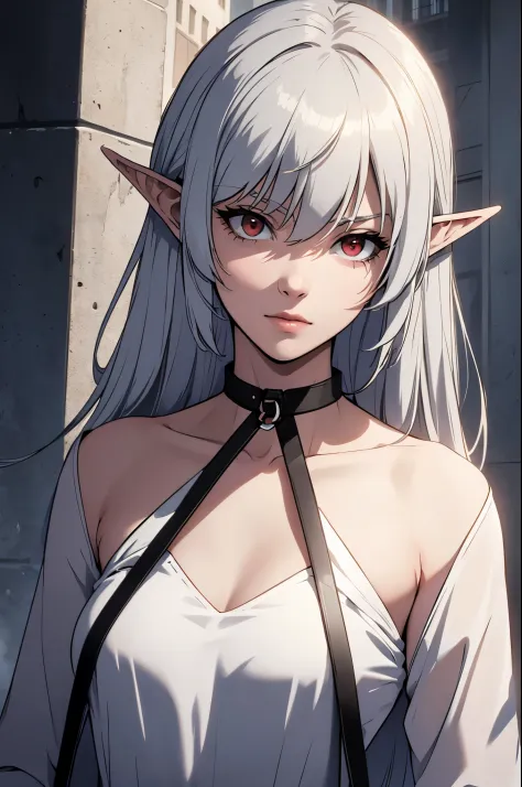 (((leashed))),alice,vampire,grey hair, long hair, red eyes, pointy ears, small breasts
