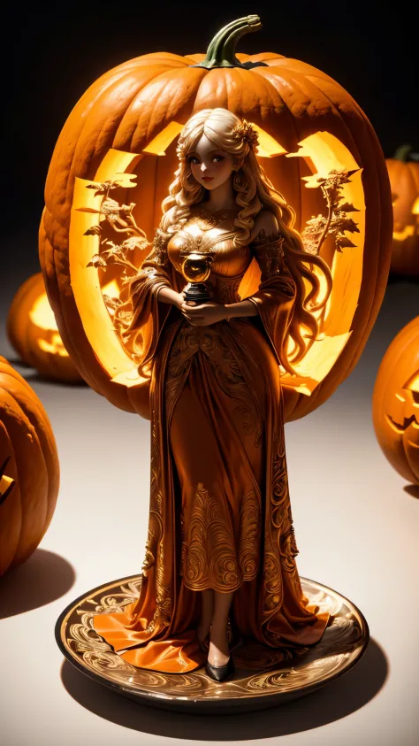 (A carving of a cute girl standing inside a large pumpkin：1.1），（whole body），Beautiful long-haired girl，retro long skirt，16k，Orange，relief， and honest background：on the plate on the dining table，Fruit carving，food engraving，Three-dimensional engraving，food ...