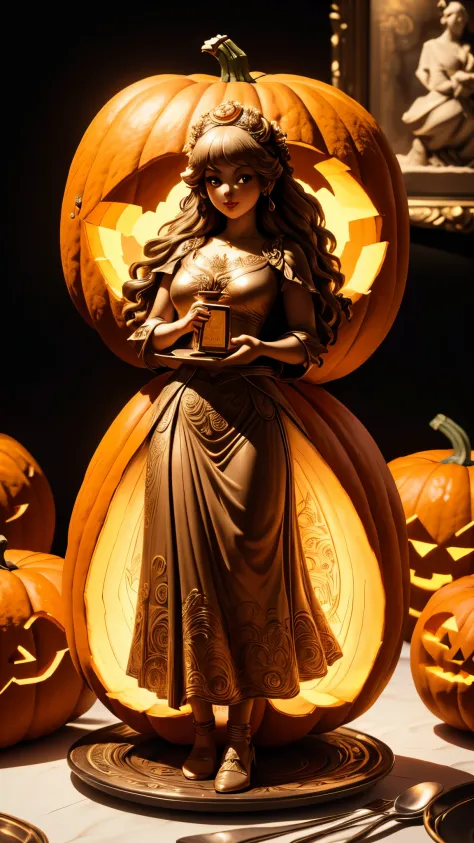 (A carving of a cute girl standing inside a large pumpkin：1.1），（whole body），Beautiful long-haired girl，retro long skirt，16k，Orange，relief， and honest background：on the plate on the dining table，Fruit carving，food engraving，Three-dimensional engraving，food ...