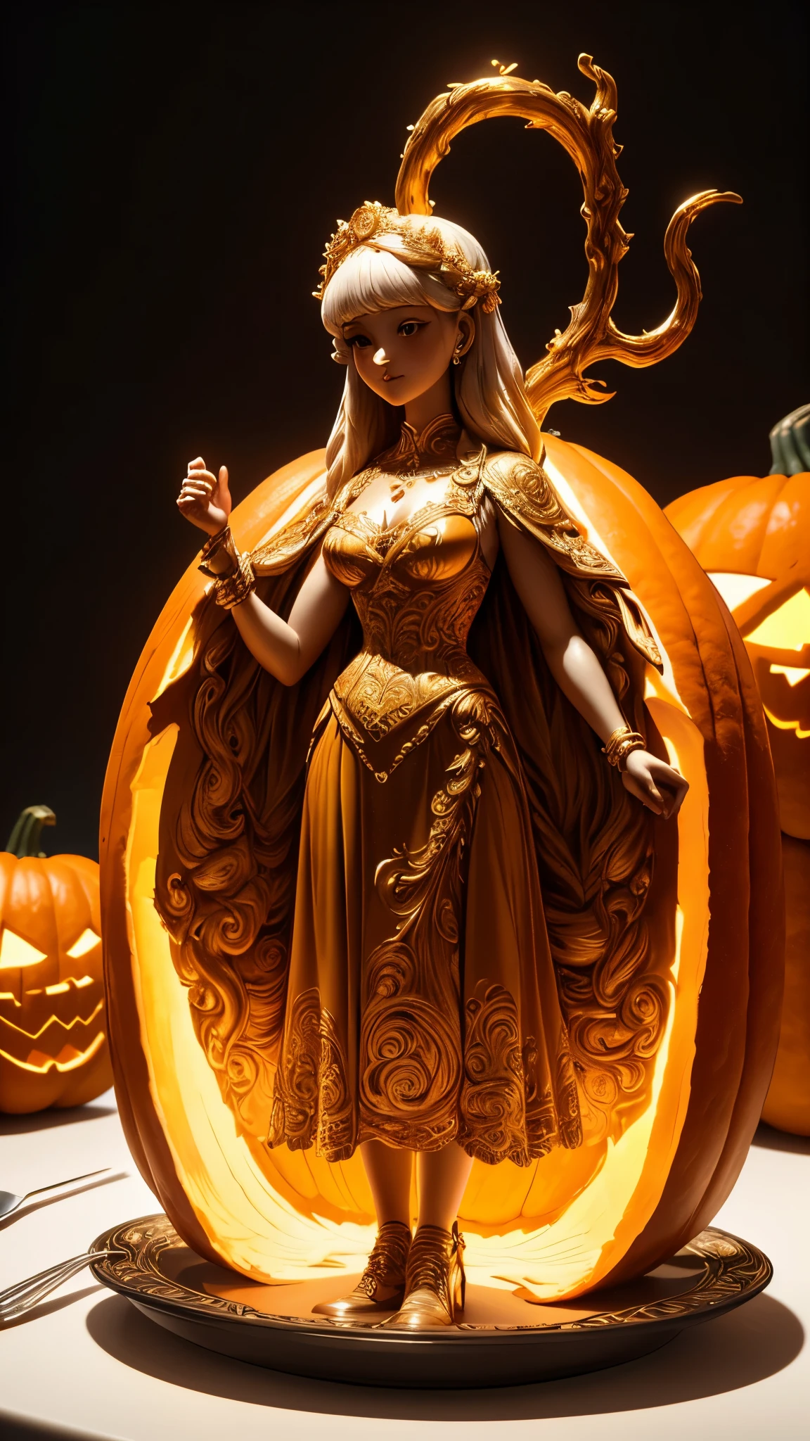 (A carving of a cute girl standing inside a large pumpkin：1.1），（miniature whole body），Beautiful long-haired girl，retro long skirt，16k，Orange，relief， and honest background：on the plate on the dining table，Fruit carving，food engraving，Three-dimensional engraving，food sculpture design， close-up, rotated, rococo style, Classicism, depth of field, UHD, masterpiece, ccurate, super detail, high details, high quality, award winning, best quality, highres, 16k，soft light lighting，