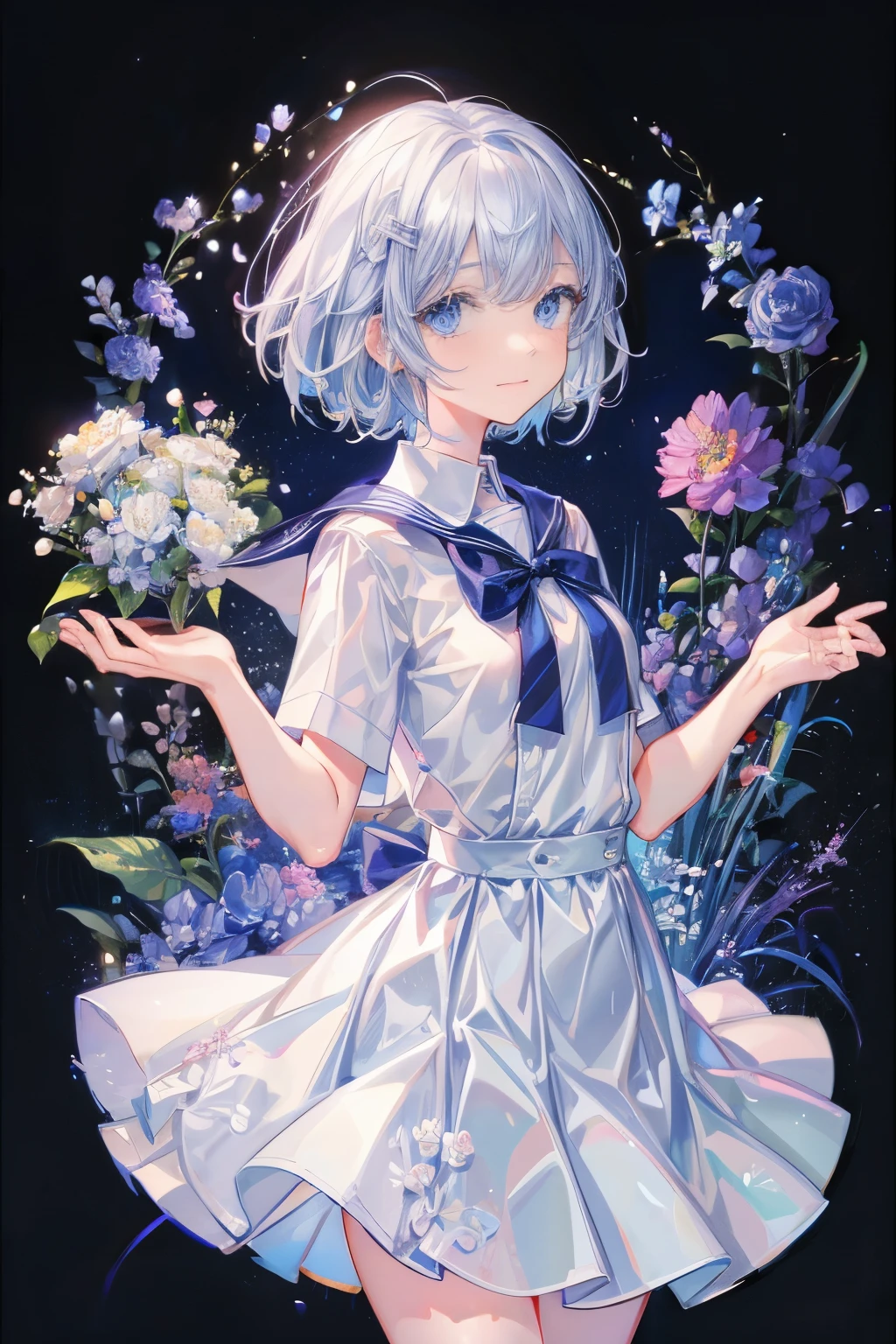 1 girl，(white) short hair，blue eyes，school uniforms，super cute，(introvert) and shy，small breast，thin and small，((feel happy))，flowers，Natural expression