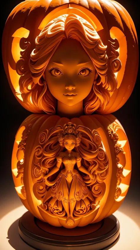 (A cute girl sculpture carved from a large pumpkin: 1.1), (full body), beautiful long haired girl, retro long skirt, 16k, orange, relief,  and sturdy background: fruit carving, food carving, 3D carving, food sculpture design, close-up, rotation, Rococo sty...