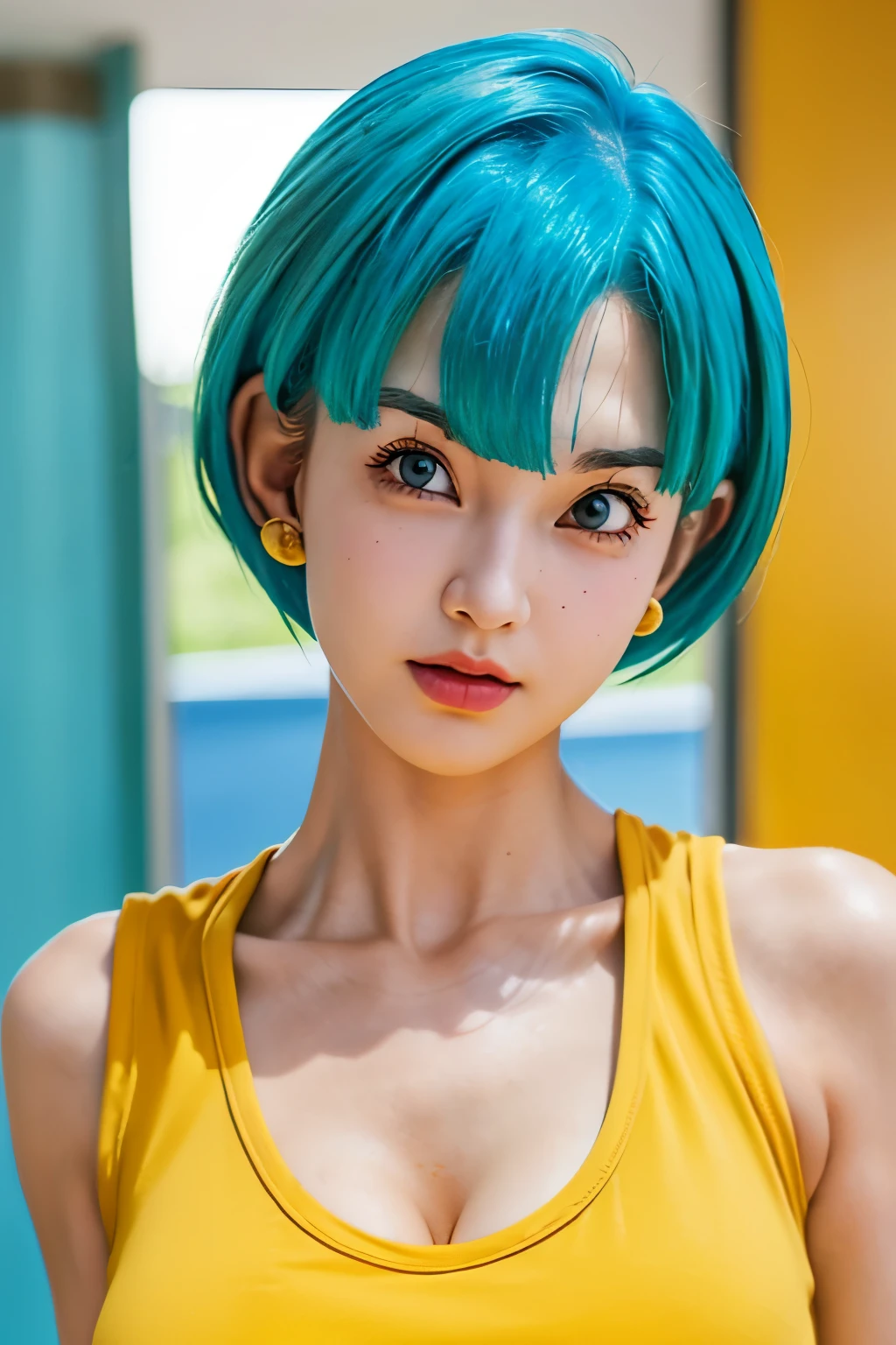 portrait closeup lone (buruma_brief_older Buruma_DBZ_Buu)1.4, (cleavage large_breasts, tanktop), Bob Hair, standing, front view, (high detailed skin:1.2)(realistic pupils,realistic iris:1), 8k, aqua_hair