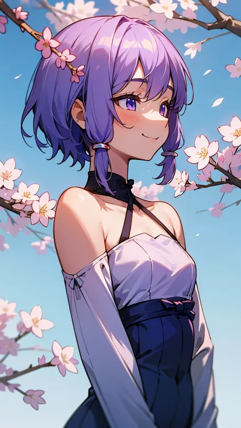 1 girl、18-year-old、Skin luster、Yuitsuki Yukari、smile、smile、profile、beautiful purple eyes、light purple hair、short hair、She is wearing an evening dress based on white and blue.、Cherry blossom park、Blue sky、upper body close-up