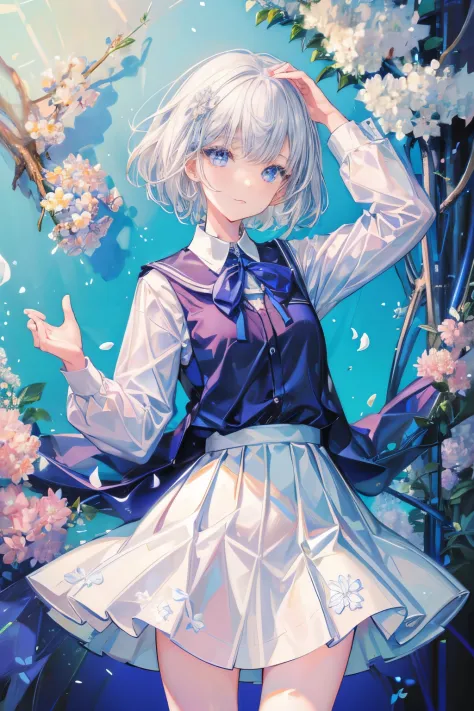 1 girl，(white) short hair，blue eyes，school uniforms，super cute，(introvert) and shy，small breast，thin and small，flowers，表情自然的
