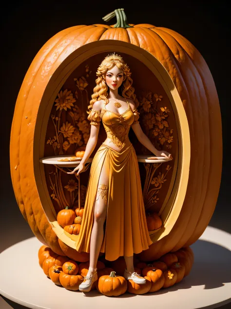 (A carving of a cute girl standing inside a large pumpkin：1.1），（miniature whole body），Beautiful long-haired girl，retro long skirt，16k，Orange，relief， and honest background：on the plate on the dining table，Fruit carving，food engraving，Three-dimensional engra...