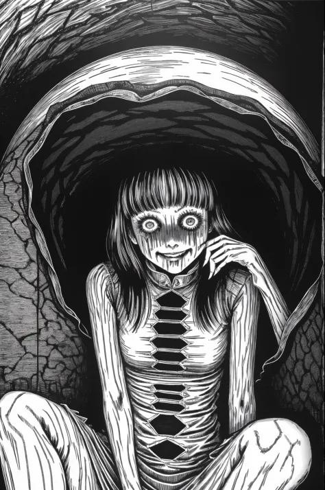 woman, smile, sitting in tomb, disgusting, creepy, nightmare, disturbing, by junji ito,