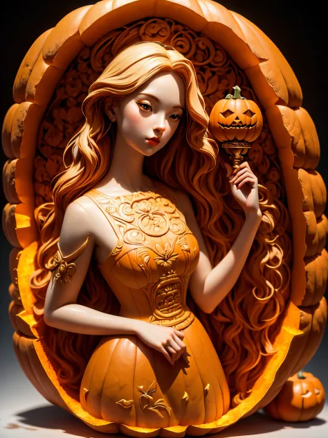 (A carving of a cute girl standing inside a large pumpkin：1.1），（miniature whole body），Beautiful long-haired girl，retro long skirt，16k，Orange，relief， and honest background：on the plate on the dining table，Fruit carving，food engraving，Three-dimensional engra...