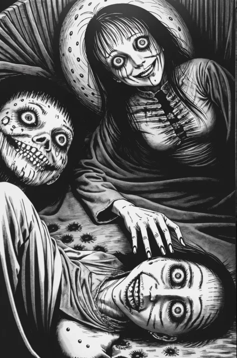 woman, smile, sitting in tomb, disgusting, creepy, nightmare, disturbing, by junji ito,