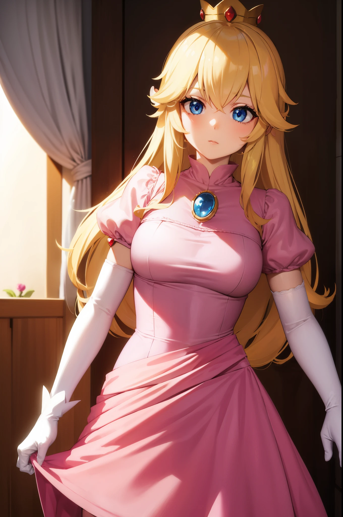 princesspeach, princess peach, blonde hair, blue eyes, long hair,
BREAK crown, dress, gem, gloves, pink dress, puffy short sleeves, puffy sleeves, short sleeves, white gloves,
BREAK indoors,
BREAK looking at viewer, (cowboy shot:1.5),
BREAK (masterpiece:1.2), best quality, high resolution, unity 8k wallpaper, (illustration:0.8), (beautiful detailed eyes:1.6), extremely detailed face, perfect lighting, extremely detailed CG, (perfect hands, perfect anatomy),