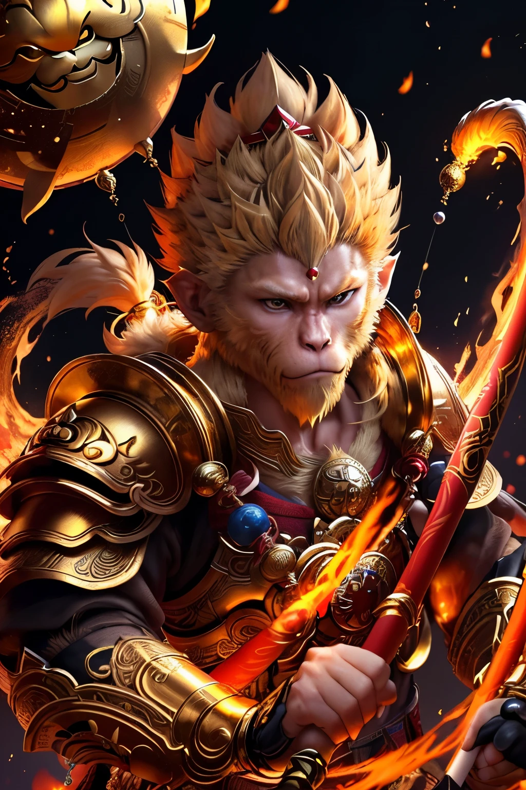 Sun Wukong, Wukong, 正常的手, 火與金的明亮而勇敢的眼睛, 傑作, 最佳細節， sun Wukong, 金色的头发, 配戴金環, 穿著傳統服裝盔甲,（抽象墨水飞溅：1.2),