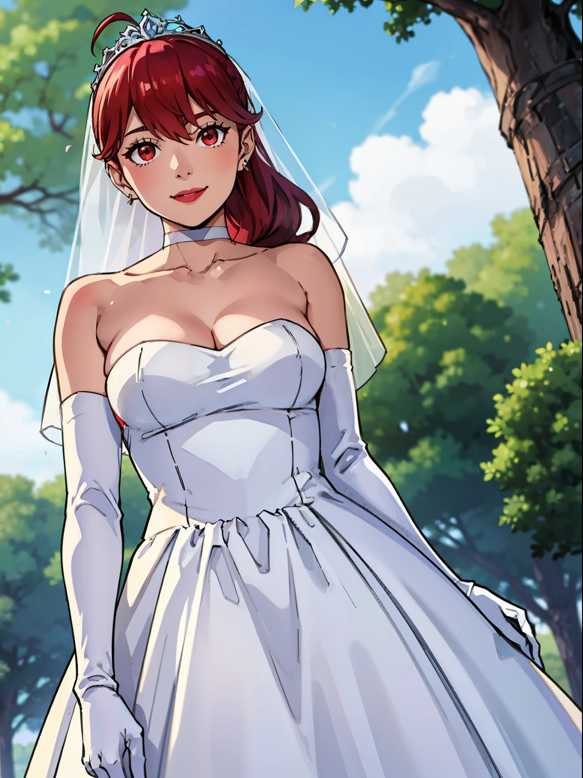 kasumi, red hair, pony tail, red eyes,earrings ,lipstick, eye shadow, makeup, hair between eyes, ahoge, hair ornament, gloves, dress, cleavage, bare shoulders, collarbone, white oprea gloves, white gloves, white dress, strapless, white choker, tiara, veil, strapless dress, wedding dress, bridal veil, beautiful woman, perfect body, perfect breasts, wearing a wedding dress, ball gown, in the park trees, wedding decorations, looking at the viewer, warm smile, realism, masterpiece, textured skin, super detail, high detail, high quality, best quality, 1080p,