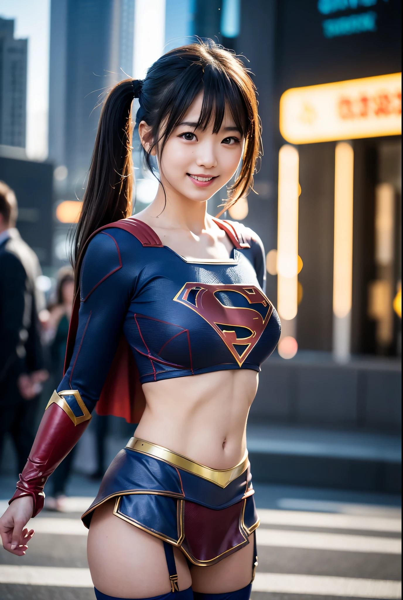 adorable, japanese girl, 17 years old, (Supergirl costumes:1.2),twin tails、long hair、Plump thighs, big breasts、Chirarism、Thin belly、abs、smile、garter belt、Pose with movement、The background is a city with skyscrapers、I can see the blue sky、(非常にbe familiar withな肌), (highest quality:1.0), (realistic:1.0), (8K, RAW photo:1.1), (8k非常にbe familiar withなCGユニットの壁紙), (highest quality), (best illustrations), (best shadow), (be familiar with: 1.4), 3D, HDR (high dynamic range), ray tracing, NVIDIA RTX, super resolution, Scattered beneath the surface, PBR texture, Post-processing, anisotropic filtering, written boundary depth, maximum sharpness and acutance, multilayer texture, Albedo and highlight mapping, surface shading, Accurate simulation of light-matter interactions, perfect proportions, octane rendering, surreal、Photographed with Canon EOS R5、50mm lens、f / 2.8