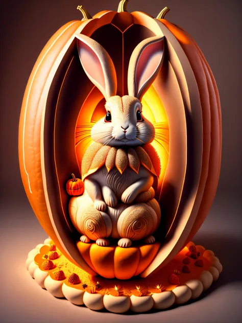 (A rabbit carved inside a large pumpkin: 1.1),,, 16k, relief, sturdy background: fruit carving, food carving, 3D carving, food sculpture design, rotation, interior carving, micro carving, classicism, depth of field, ultra-high definition, masterpiece, prec...