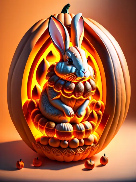 (A rabbit carved inside a large pumpkin: 1.1),,, 16k, relief, sturdy background: fruit carving, food carving, 3D carving, food sculpture design, rotation, interior carving, micro carving, classicism, depth of field, ultra-high definition, masterpiece, prec...