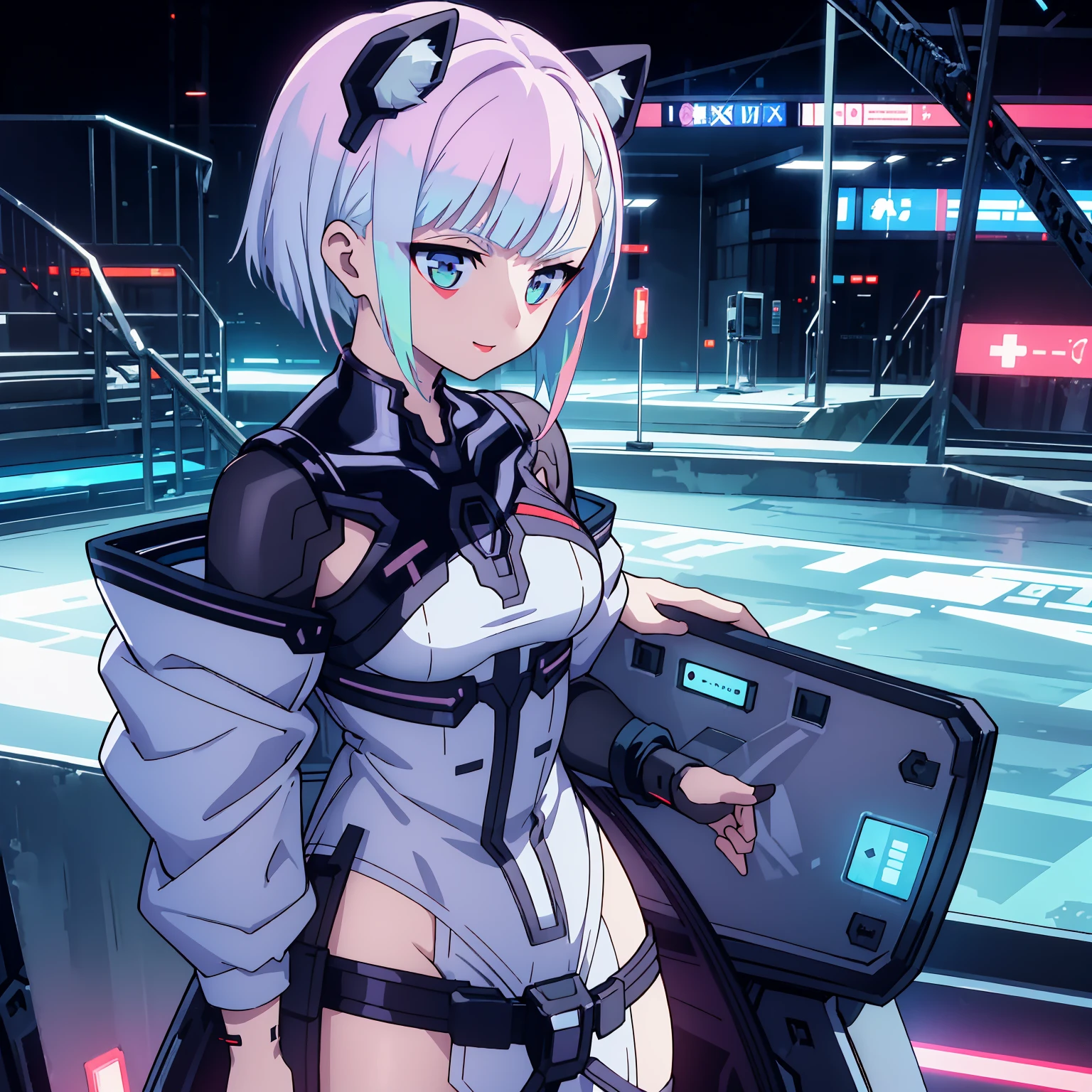 8k, anime girl in futuristic outfit with cat ears, digital cyberpunk anime art, female cyberpunk anime girl, cyberpunk anime girl, beutiful girl cyborg, anime cyberpunk art, portrait anime space cadet girl, dreamy cyberpunk girl, digital cyberpunk - anime art, cyberpunk beautiful girl, smile