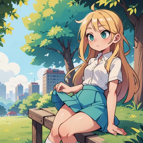 Girl, long blonde hair, green eyes, in a park, a white blouse, blue skirt, white socks