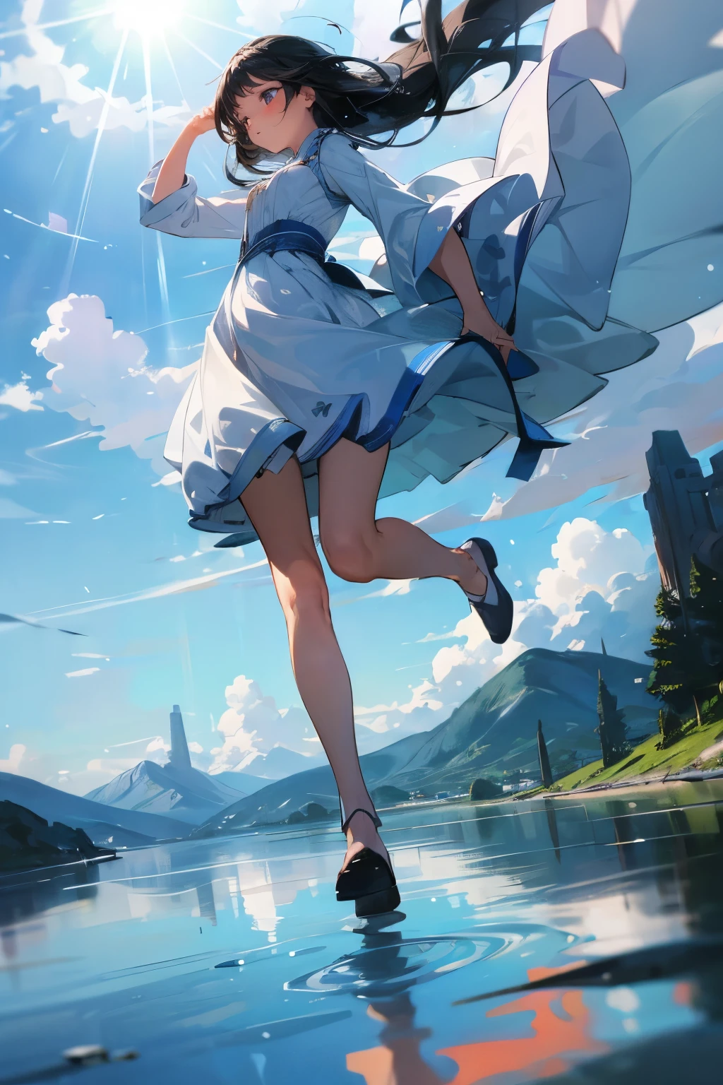 An illustration of a girl playing on the shore, viewed from a slightly low angle looking upwards. The water in the foreground shows a mirror reflection of the sky's clouds and sunlight, creating a dreamlike atmosphere. The girl is dressed in a white dress with long black hair flowing in the wind, and she has a serene expression as she leaps. The background features a blue sky with fluffy clouds, and mountains are visible in the distance.