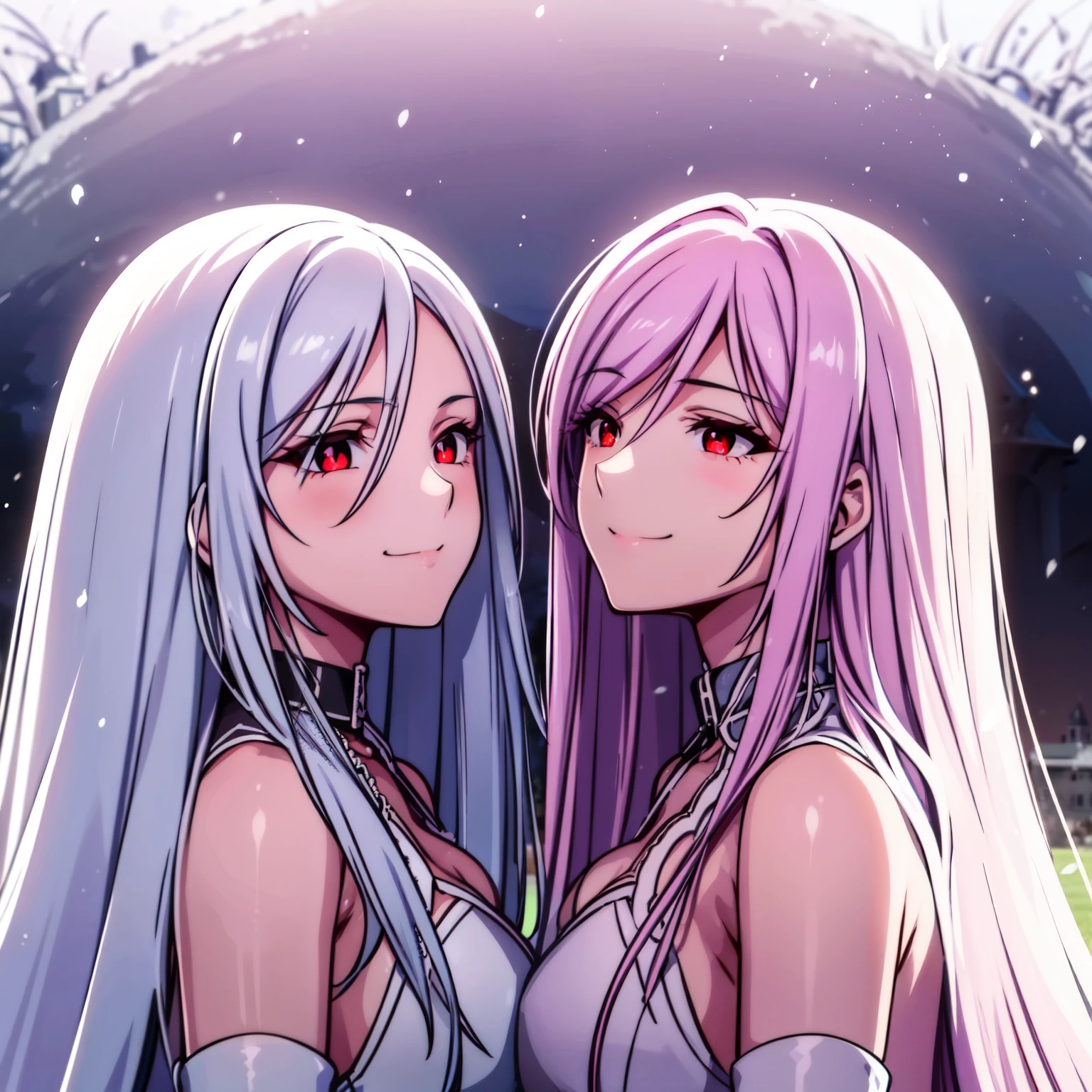 ((two Girl)), 32 years old, The girl on the left has long silver hair and red eyes with slit pupils, The girl on the left wear a white Wedding Dresses, The girl on the right has long pink hair and bright green eyes with slit pupils, The girl on the left wear a pink Wedding Dresses, facing another, The two girls looked each other in the eyes, upper body, cropped torso upper body, (light_Smile:1.5), ((Meadow with a view of a small church)), ((snowstorm of flowers)), light ray, Upper body, The sky is beautiful,