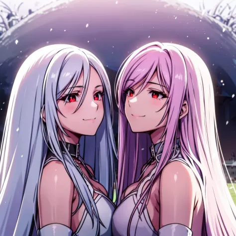 ((two Girl)), 32 years old, The girl on the left has long silver hair and red eyes with slit pupils, The girl on the left wear a...