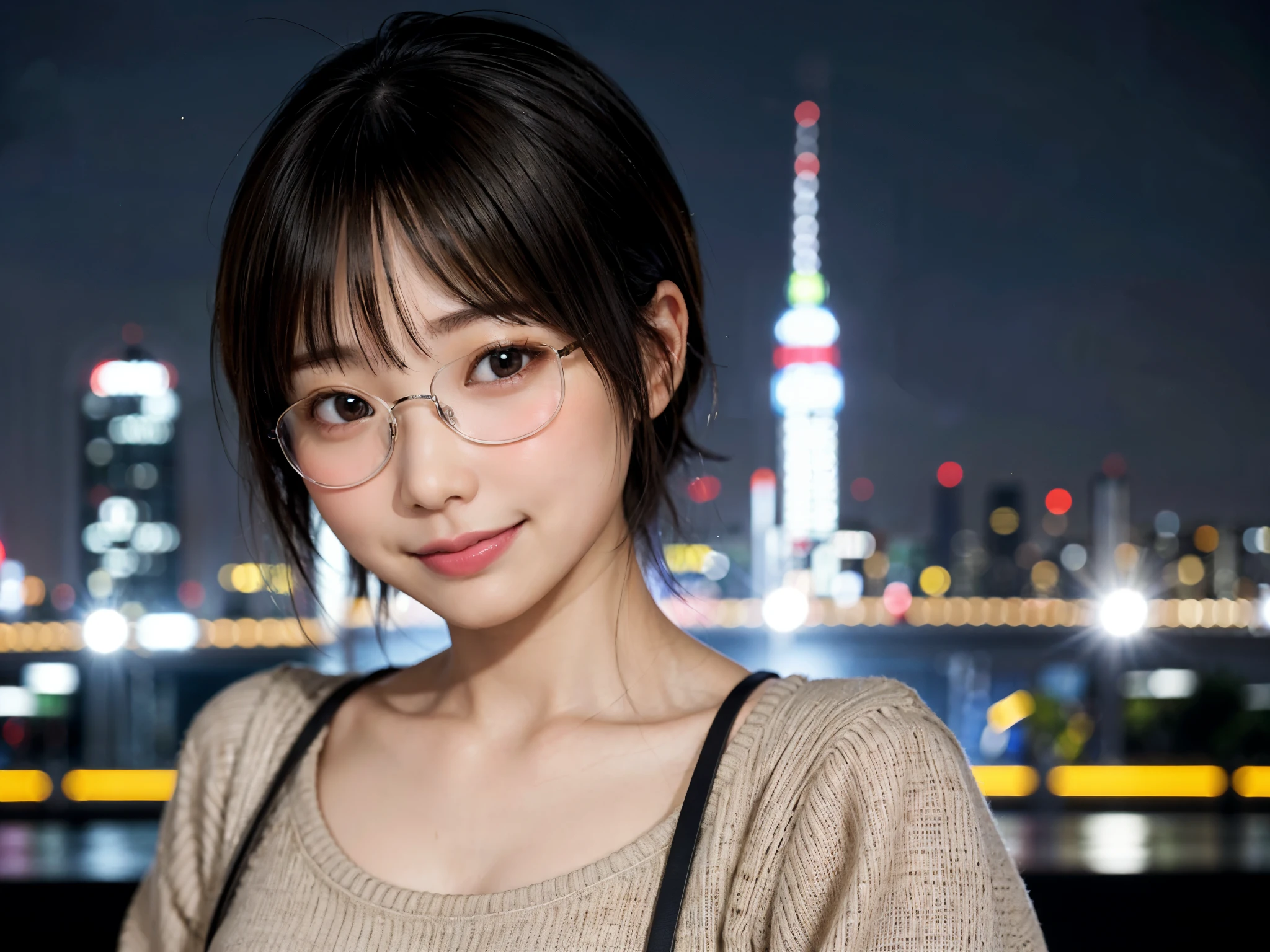 Filles japonaises en vêtements décontractés、faire attention au public、Paysage urbain de Tokyo la nuit、(la plus haute qualité、Chef-d&#39;œuvre)))、HD bien、très détaillé、Chef-d&#39;œuvre、éclairage de cinéma、(8k、la plus haute qualité、Chef-d&#39;œuvre:1.2)、(Réaliste、photoréaliste:1.37) haute résolution、Super détaillé、femme portant des lunettes、Regard silencieux、Verres ronds、asiatique, Mignon, Mignon顔, seul, Cheveux courts 1.2, peau rugueuse, beau sourire, Ciel nocturne magnifique et détaillé, Vue nocturne, éclairage de cinéma, Profondeur de la limite écrite, Lumière parasite、À un rendez vous、(rougir de ton nez)、、(fermé ta bouche)De beaux yeux et une petite poitrine、(Pull-over:1.1)、(Cheveux courts:1.2)、cheveux flottants style grenouille nova、