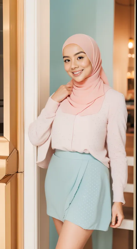 Malay girl with pastel color hijab standing and pose in hipster cafe, happy, smiling, nighttime, wearing turquoise polka dot beginners bra and  pleated short skirt, pink sneakers,  professional lighting, blur background, cool ambient, bokeh, small breast, ...