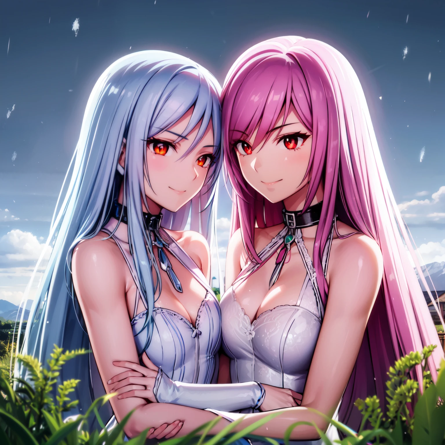 ((two Girl)), 32 years old, The girl on the left has long silver hair and red eyes with slit pupils, The girl on the left wear a white Wedding Dresses, The girl on the right has long pink hair and bright green eyes with slit pupils, The girl on the left wear a pink Wedding Dresses, facing another, The two girls looked each other in the eyes, cropped torso upper body, (light_Smile:1.5), ((Meadow with a view of a small church)), ((snowstorm of flowers)), light ray, The sky is beautiful,