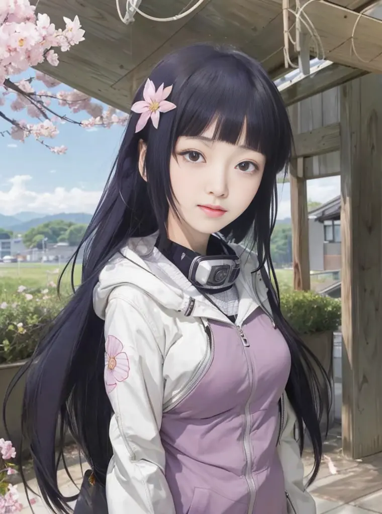 anime girl with long black hair and a white jacket standing in front of a building, hinata hyuga, hinata hyuga from naruto, misa...