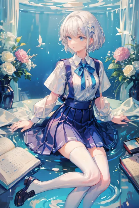 Masterpiece，Best quality，1 girl，(white) short hair，blue eyes，school uniforms，small breast，thin and small，flowers， white stocking...