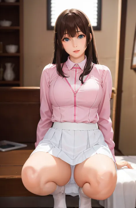 1 girl, Sayla Mass, elegant, table top, Complex, パンツが見えそうなほど短い超ミニskirtのアーミーピンクの制服ワンピース..........、pure white panties、Please squat down and show me your white panties...........、超ミニskirt ミニスカではパンツが見えます、white panties、realistic, highest quality, absurd, high f...