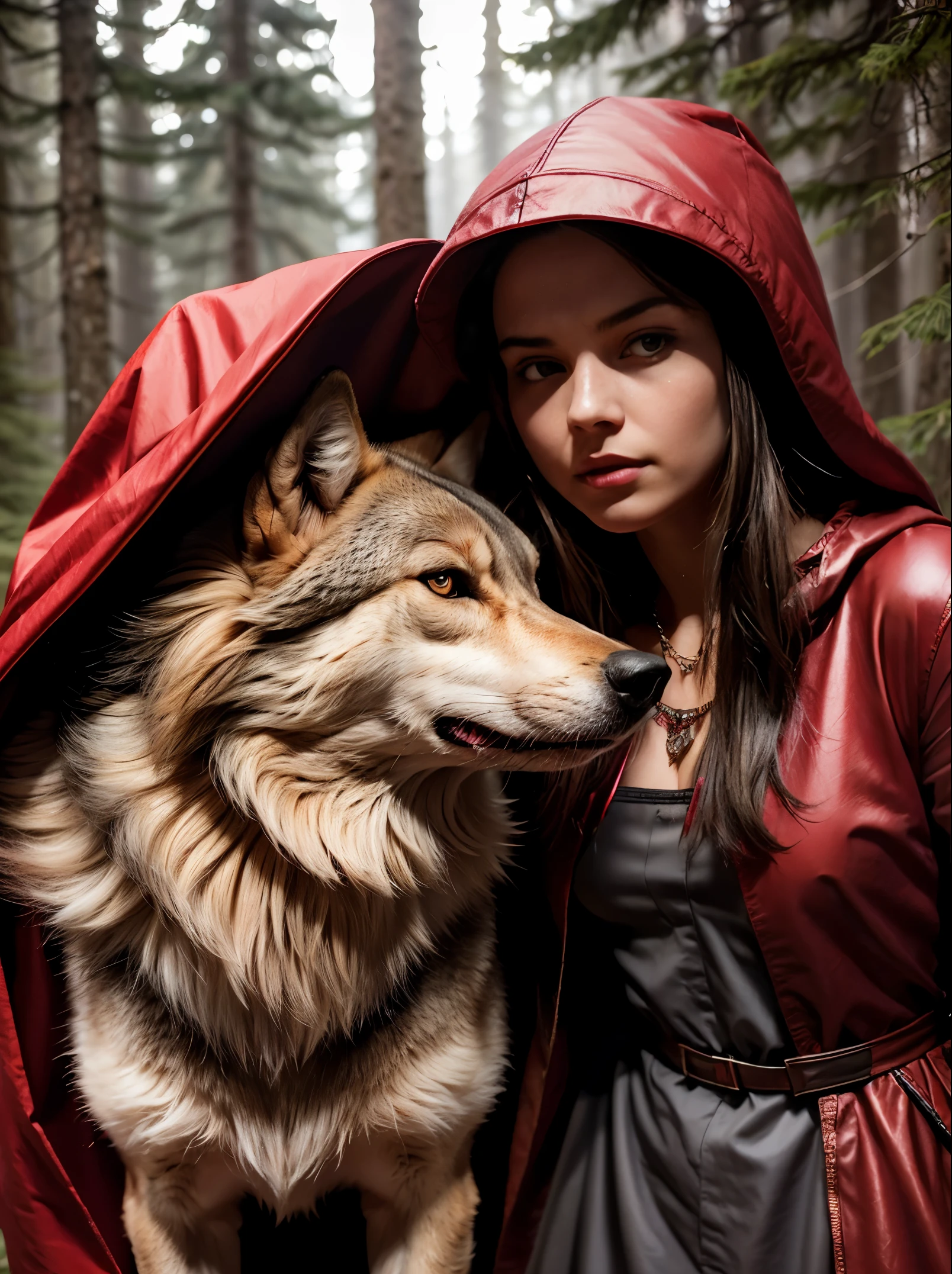 Um lobo de verdade está ao lado de uma garota de 20 anos em um manto vermelho., comprimento total, Na floresta, boné vermelho, vestida com um belo manto vermelho de trabalho de joias, Realismo, Foto 4k, alto detalhe, Obra-prima cinematográfica
