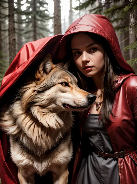 A real wolf stands next to a 20-year-old girl in a red cloak., full length, In the woods, red cap, dressed in a beautiful red cl...