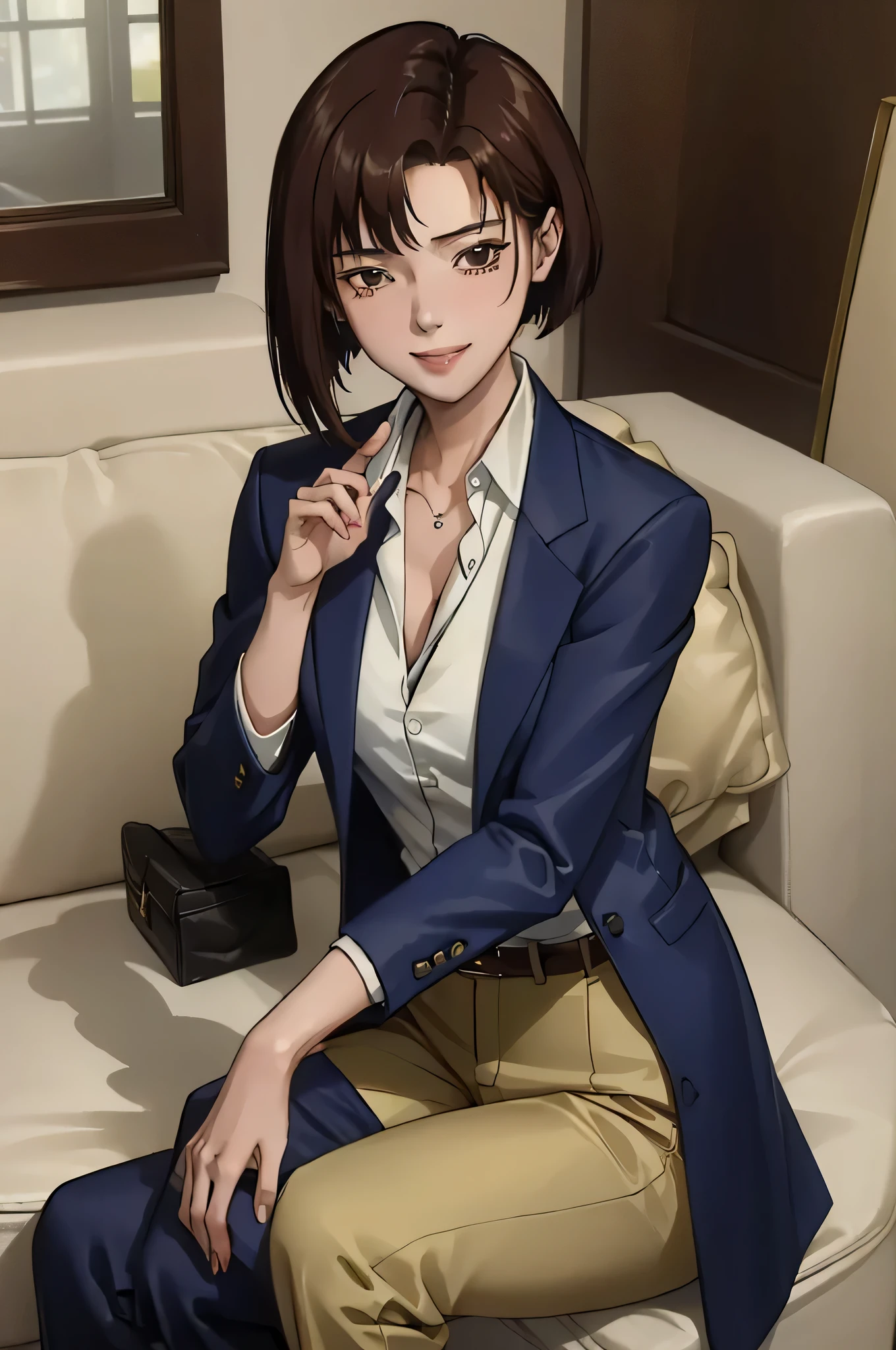 (masterpiece:1.4), (best quality:1.2), Detailed face, Risa Aoyagi, 1 girl, formal, pant suit, shirt, jacket, short hair, brown eyes, sitting, Smile, cowboy shooting, Upper body