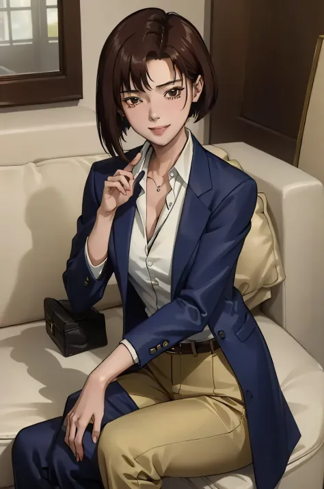 (masterpiece:1.4), (best quality:1.2), detailed face, risa aoyagi, 1 girl, formal, pant suit, shirt, jacket, short hair, brown e...