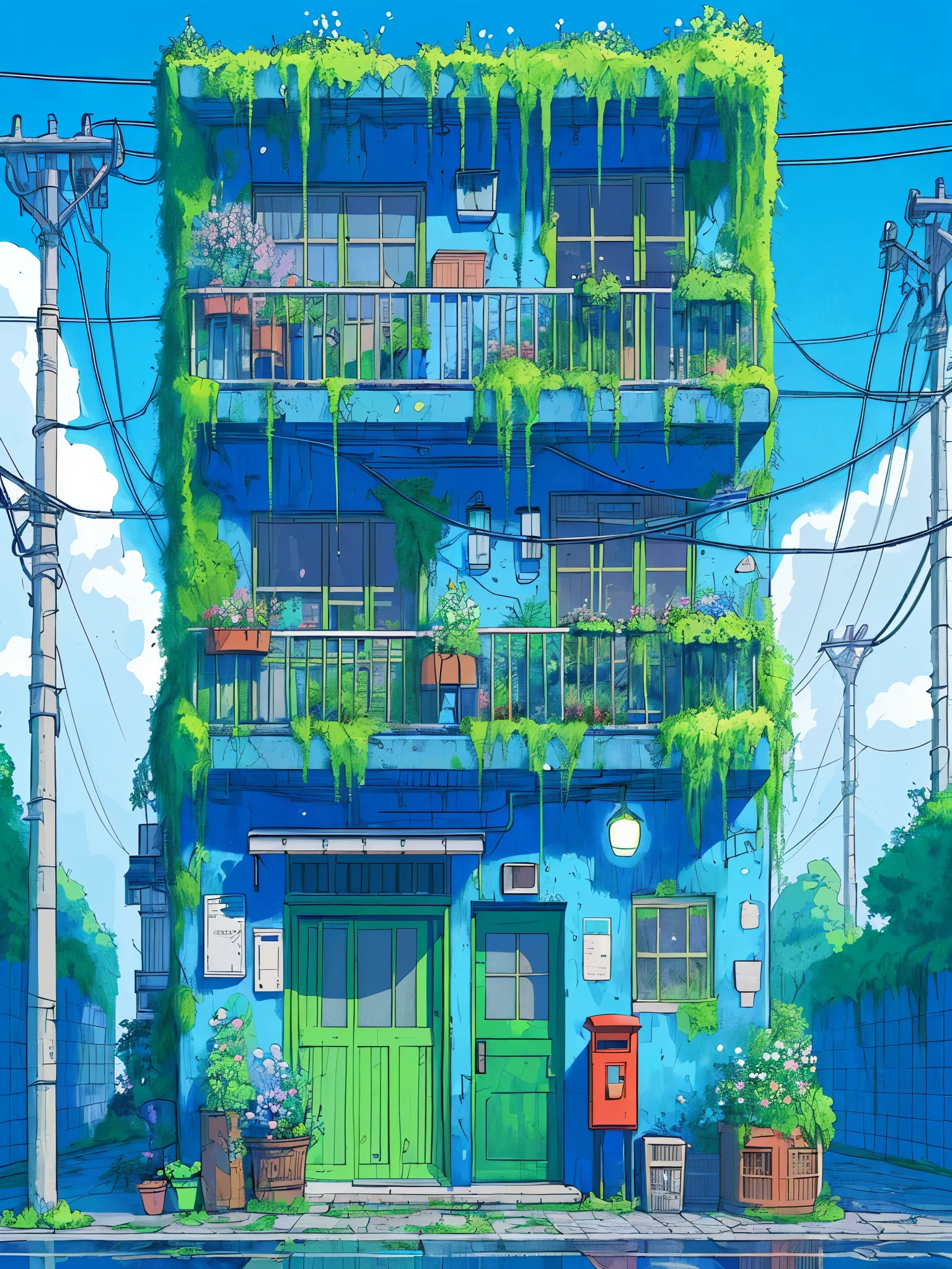 Draw an anime simple art scene of bright blue multi storey ut covered with moss and plants, green doors and windows, balconies, cracks in walls, flowers in pots, postbox outside, single light bulb hanging, cloudy sky, no human, vibrant color tones,