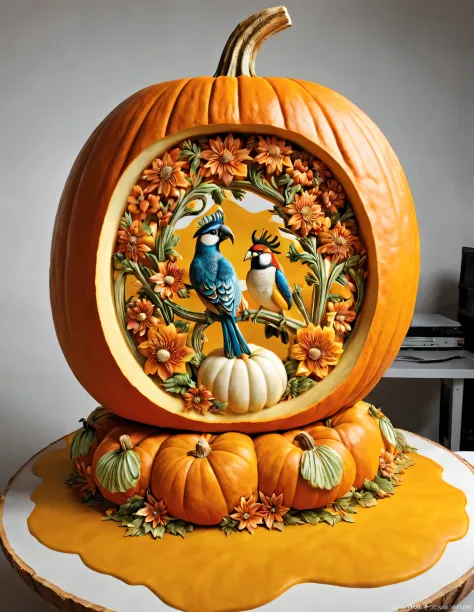 (Carving flowers and birds inside a large semolidified pumpkin: 1.1), Very fine details, 16k, console, Fruit carving, food engraving, 3D sculpting, food sculpture design, turn around, Python, depth of field, ultra high definition, masterpiece, accurate, Ul...