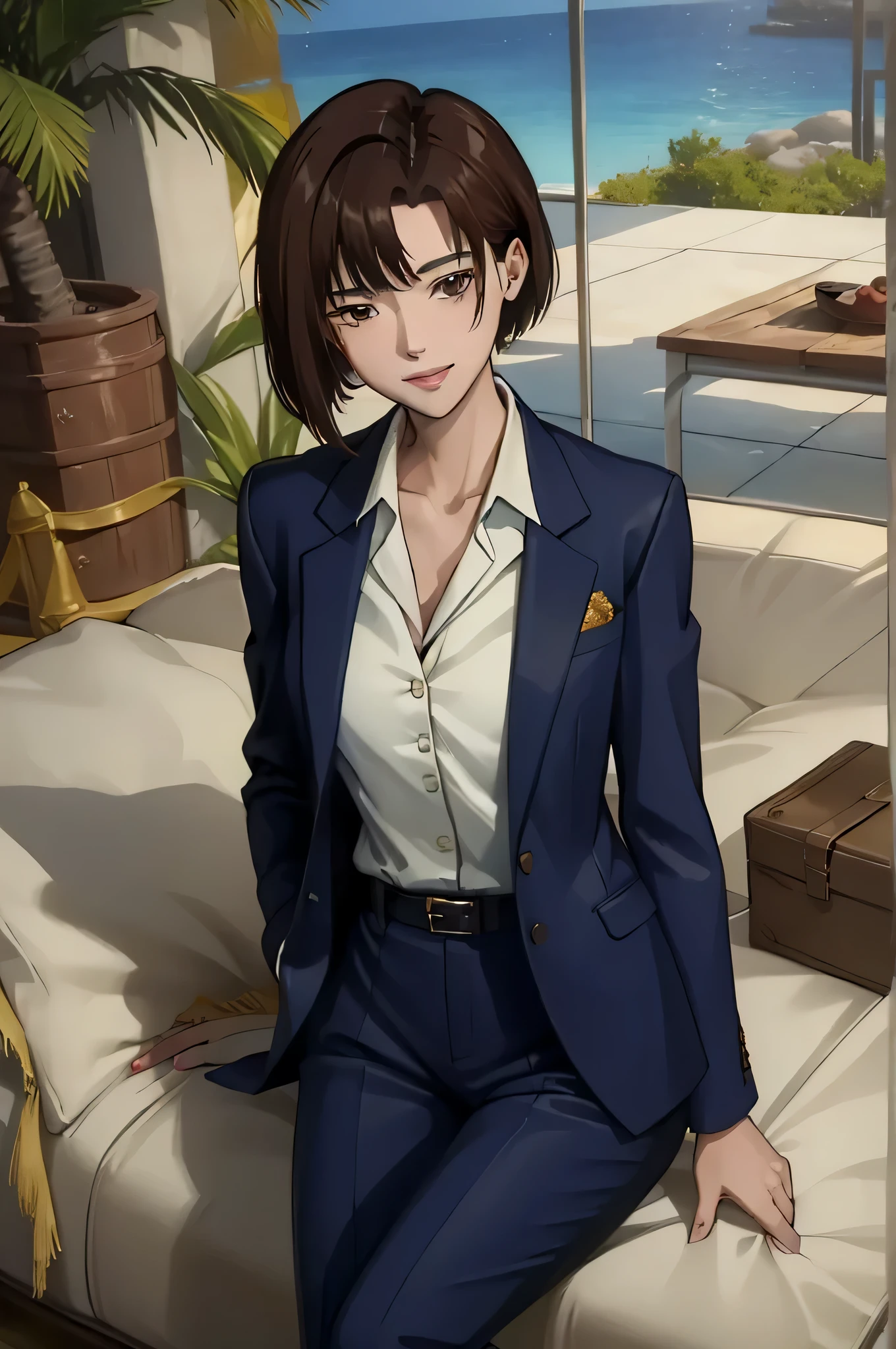 (masterpiece:1.4), (best quality:1.2), Detailed face, Risa Aoyagi, 1 girl, formal, pant suit, shirt, jacket, short hair, brown eyes, sitting, Smile, cowboy shooting, Upper body