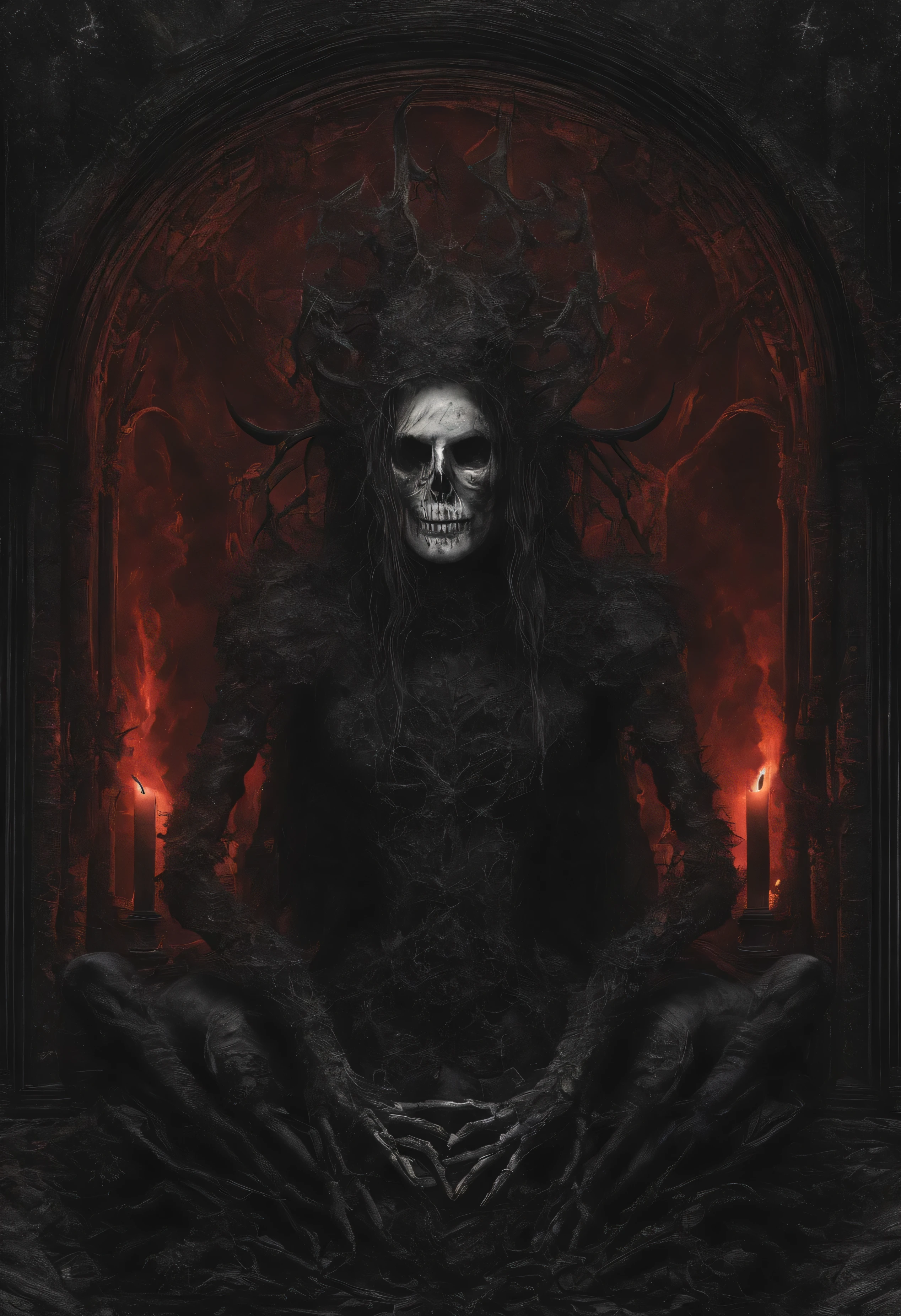 A dark and creepy image of a demonic skeleton sitting in a throne ...