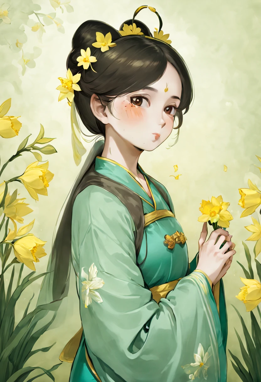 A girl with dark brown hair，Chinese Hanfu dress up，whole body，Standing in Hanfu，Holding daffodils in one hand，Touch your chin with the other hand，Playful and cute，Cute comic book style，Exquisite facial features，Tang Dynasty bun，Wearing daffodilackground with daffodils，Chinese rockery，There  a blank space in the screen background