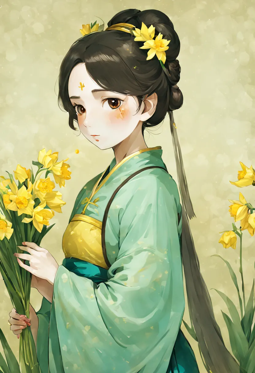A girl with dark brown hair，Chinese Hanfu dress up，full body portrait，Standing in Hanfu，Skirt mopping，Holding daffodils in one h...