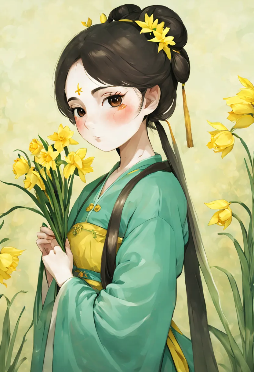 A girl with dark brown hair，Chinese Hanfu dress up，full body portrait，Standing in Hanfu，Skirt mopping，Holding daffodils in one h...