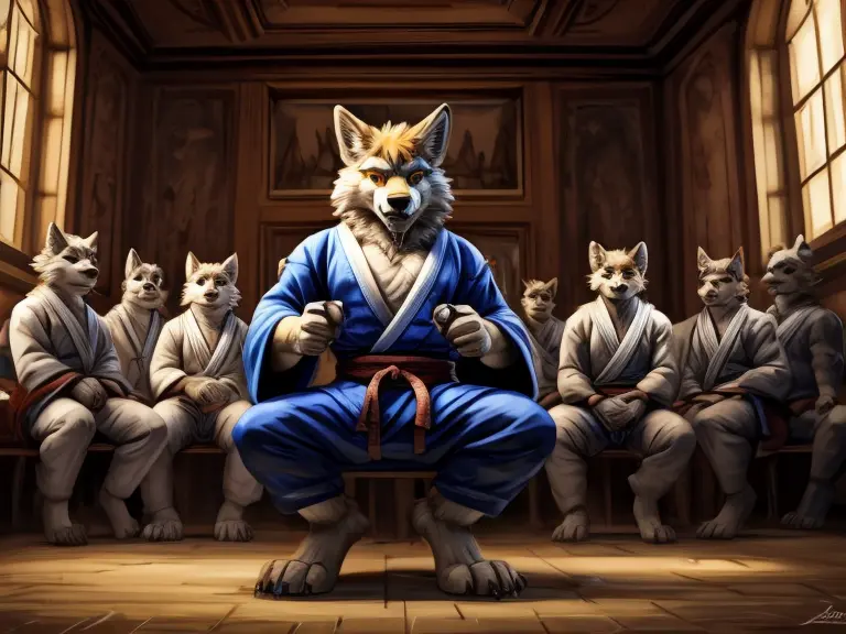 a group of young fox and wolf males wearing black kimono, barefoot and entranced, in a judo class under the watchful gaze of the...