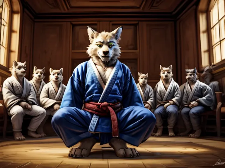 a group of young furry boys wearing black kimono, barefoot and entranced, in a judo class under the watchful gaze of their evil ...