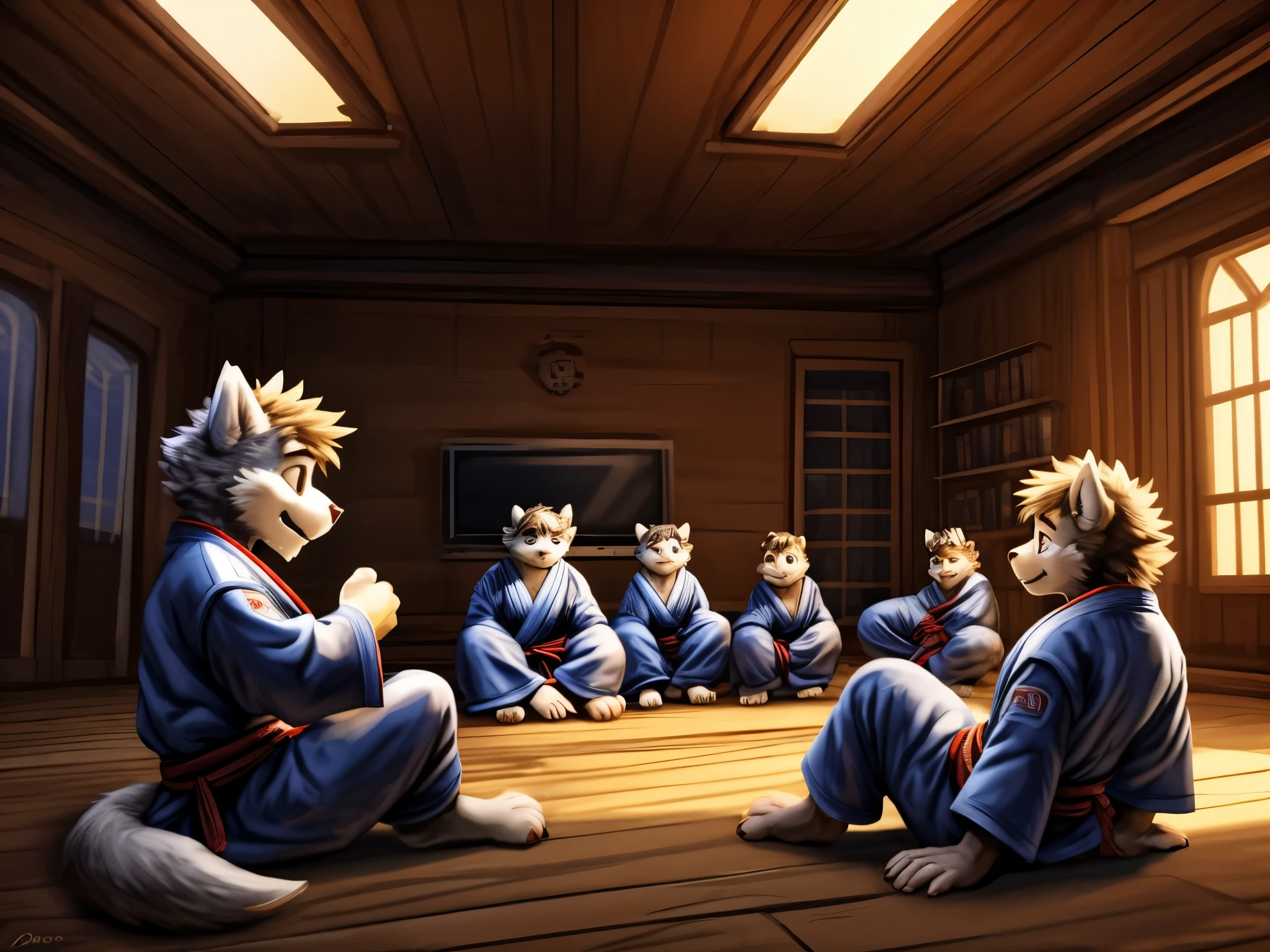 A group of young boys wearing black kimono, barefoot and entranced, in a judo class under the watchful gaze of their evil teacher. Their minds have been twisted and manipulated, as they sit, drooling and mesmerized, their nice paws with short claws twitching. The green glow in their eyes is a clear indication of their brainwashed state.