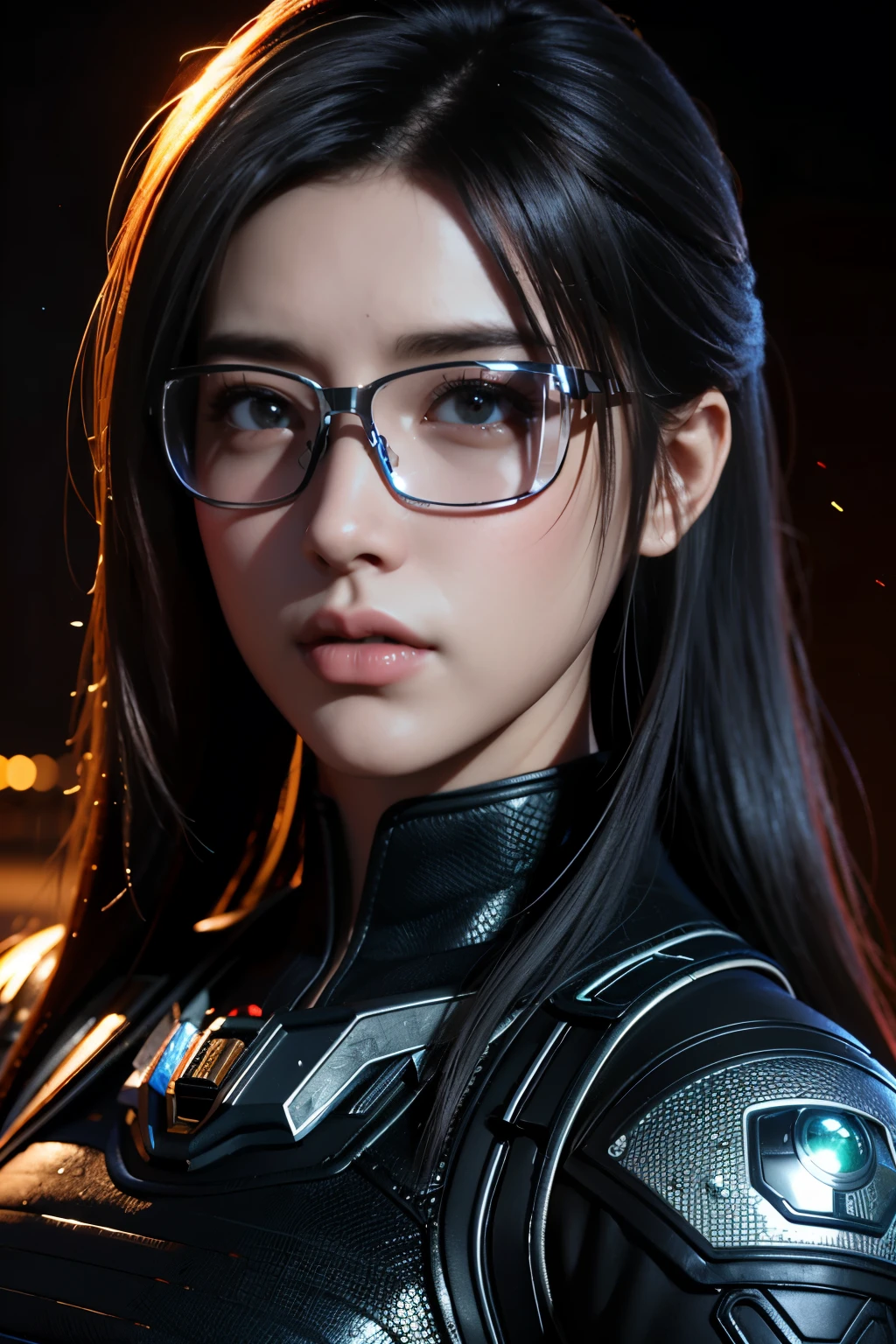 Masterpiece，The best qualities，Very high resolution，8K，((Portrait))，((Head close-up))，Original photo，real photo，Digital Photography， (Cyberpunk-style female cops of the future world)，(Fighting girl)，22-year-old girl，(Long hair in a casual style，blue)，An eye rich in detail，((Lachrymal nevus))，lip gloss，(Elegant and charming，Indifferent and noble)，(Future combat clothing full of mechanical style，A garment that combines the characteristics of a police uniform，A fancy badge，An intricate pattern of clothing，Glittering jewels，Joint Armor，Metallic luster，Power Armor，Red and white)，(Holographic light-emitting glasses full of futuristic style)，Cyberpunk Characters，Future Style， Photo poses，Street background，Movie lights，Ray tracing，Game CG，((3D Unreal Engine))，oc rendering reflection texture