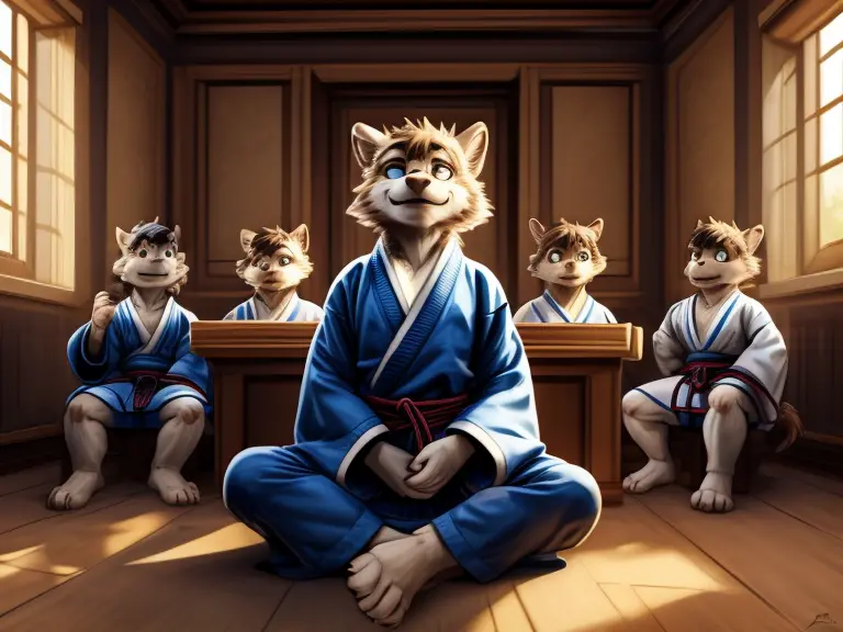 a group of young boys wearing black kimono, barefoot and entranced, in a judo class under the watchful gaze of their evil teache...