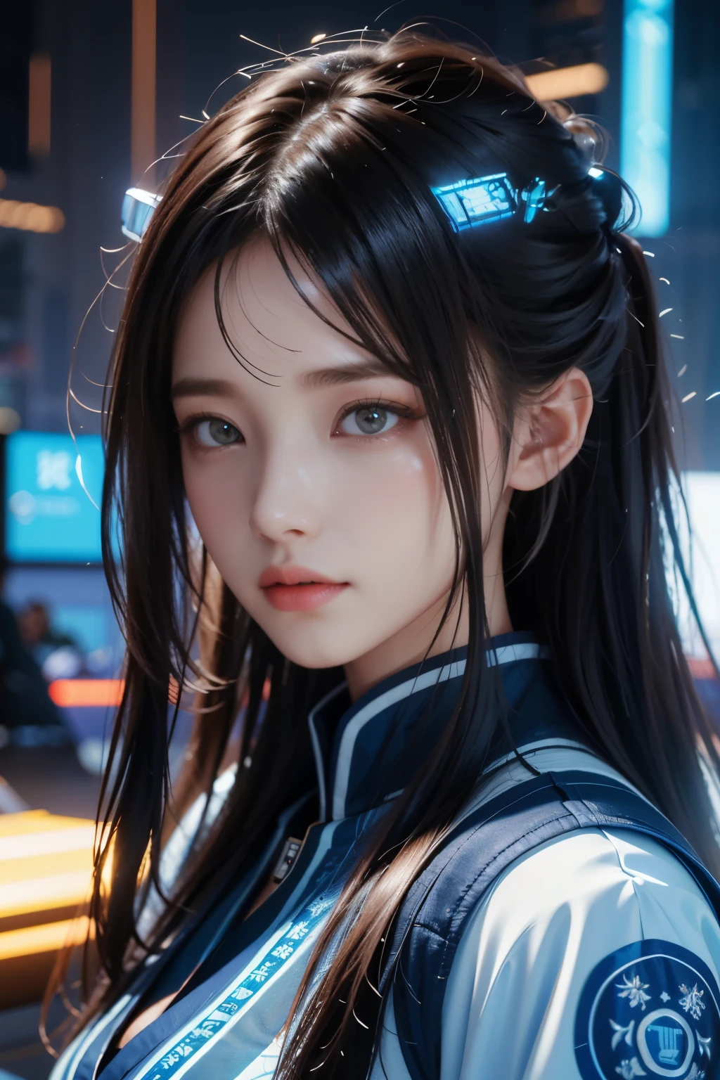 Masterpiece，The best qualities，Very high resolution，8K，((Portrait))，((Head close-up))，Original photo，real photo，Digital Photography， (Cyberpunk-style female cops of the future world)，(Fighting girl)，22-year-old girl，(Long hair in a casual style，blue)，An eye rich in detail，((Lachrymal nevus))，lip gloss，(Elegant and charming，Indifferent and noble)，(Futuristic electronic style clothing，Complex electronic pattern designcient and mysterious pattern)，Cyberpunk Characters，Future Style， Photo poses，Street background，Movie lights，Ray tracing，Game CG，((3D Unreal Engine))，oc rendering reflection texture