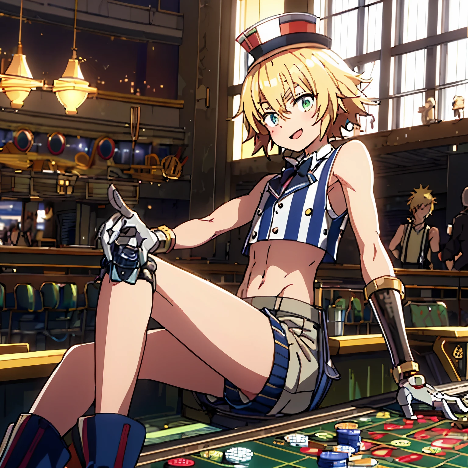 post-apocalyptic, playful open mouth smile anime boy late teen, blonde, one robotic arm, wavy short hair, light muscles, small top hat, crop top pinstripe sleeveless suit jacket, pinstripe dress shorts, high socks, boots, sitting on a large casino table with poker chips, looking at viewer, sunny lighting, large windows in background over looking wasteland, daytime