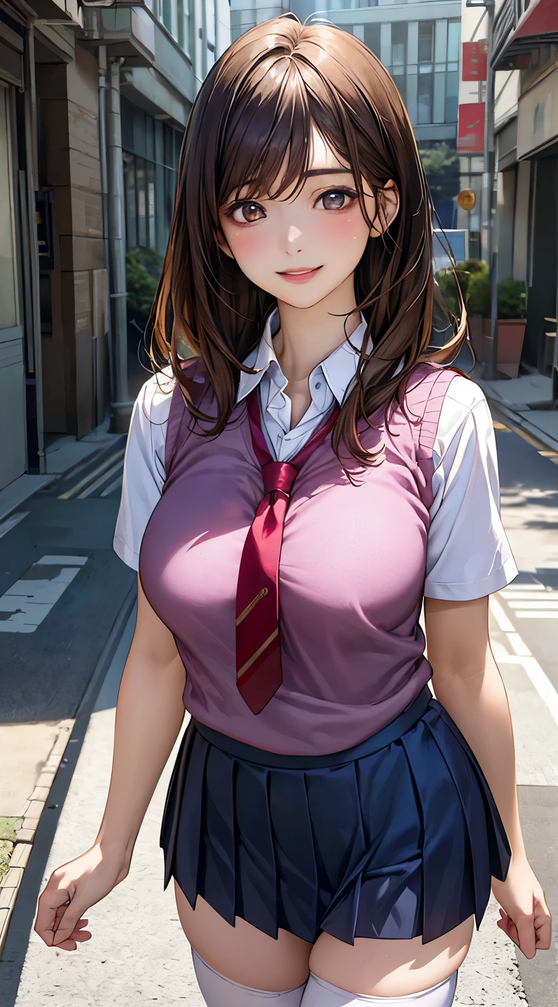 Anime girl in school uniform posing for a picture in a city - SeaArt AI